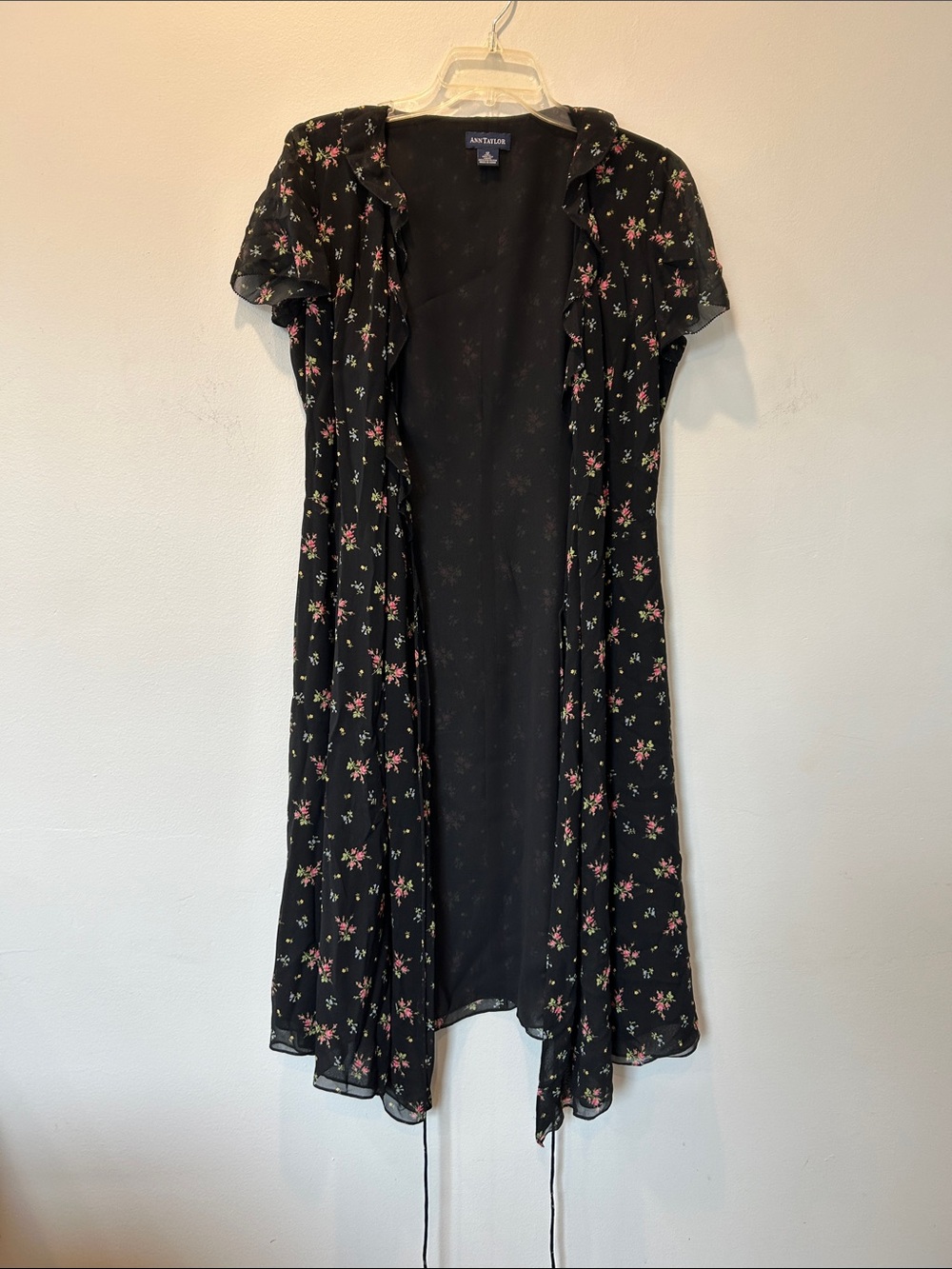 Ann Taylor Black Midi Wrap Dress with Pink Floral Print